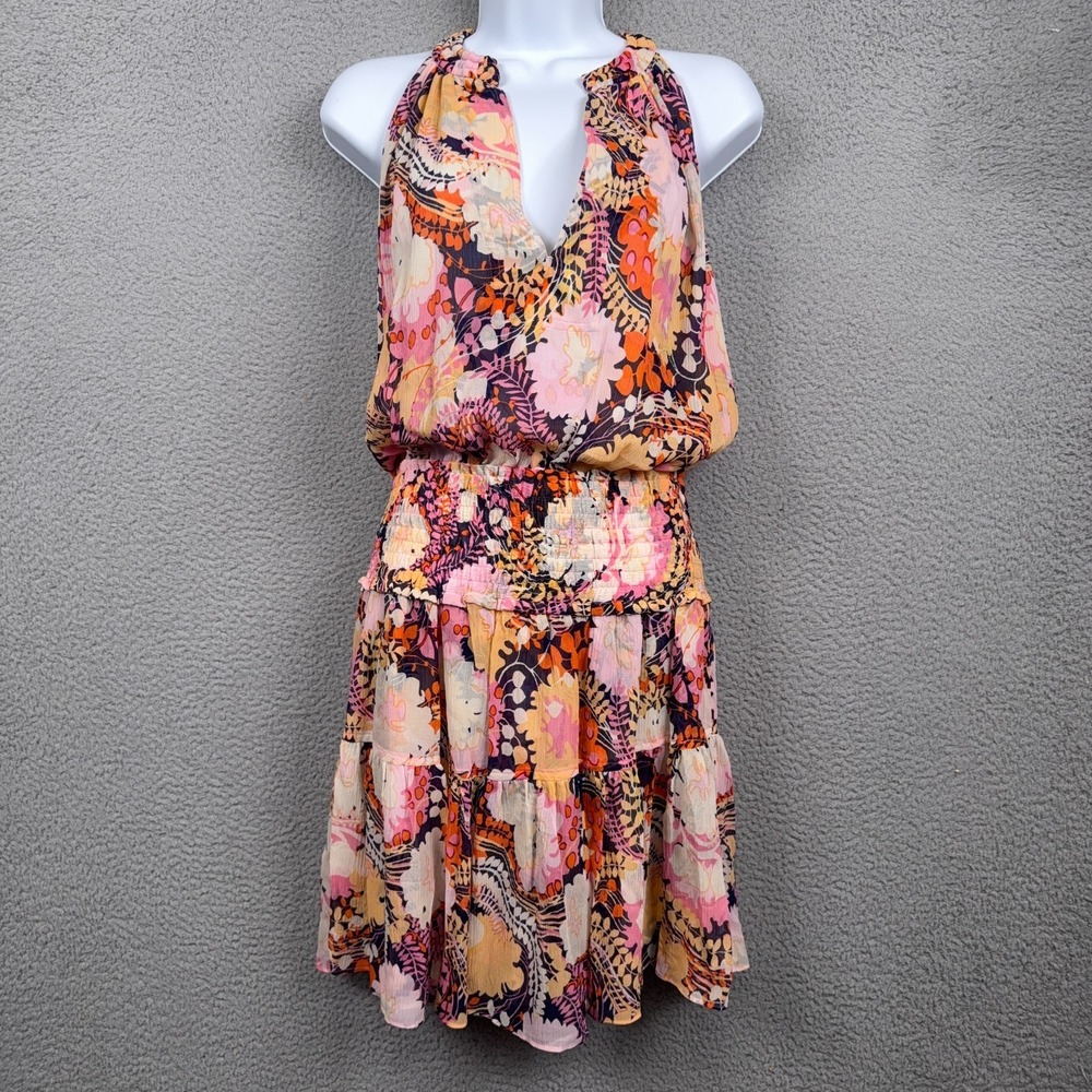 ALC‎ Dress Womens 10 Floral 100% Silk Halter Smocked Waist Tiered Mini Boho Chic